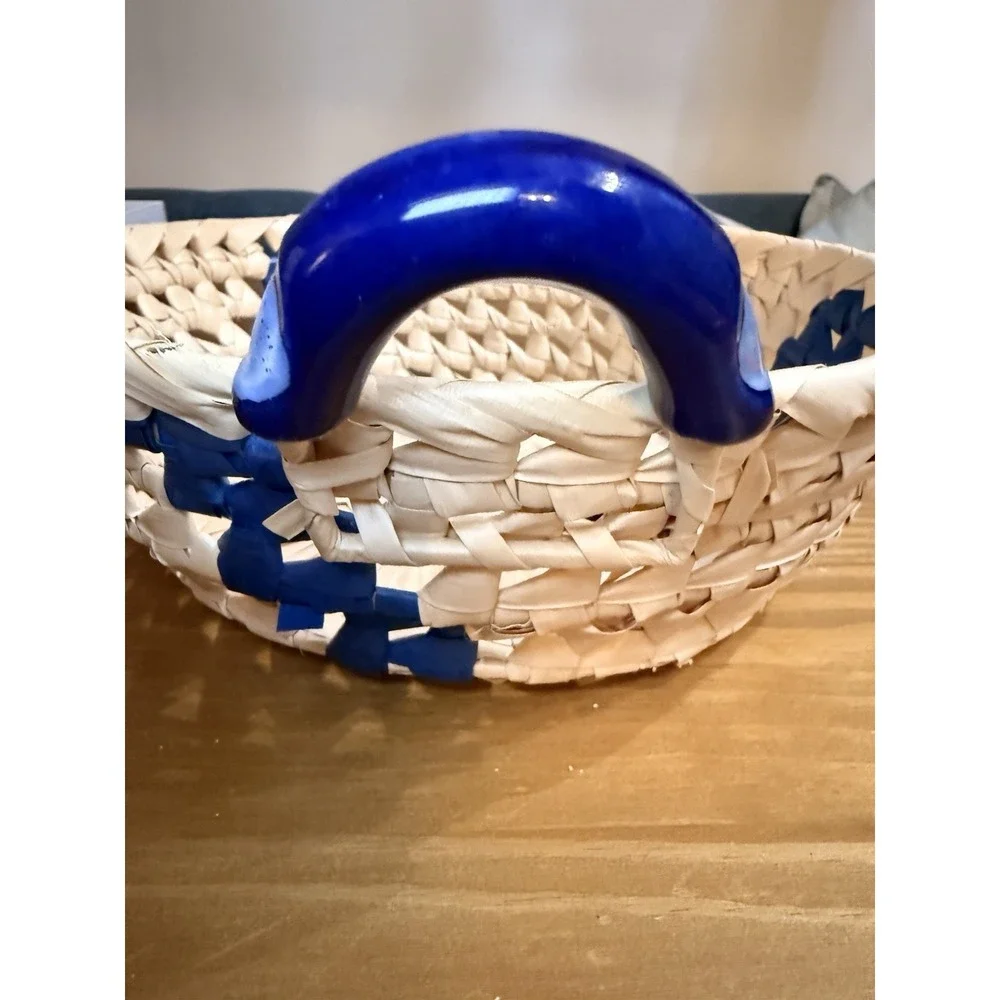 Vintage Wicker Bread Baskets Set of 2 Blue Ceramic Handles